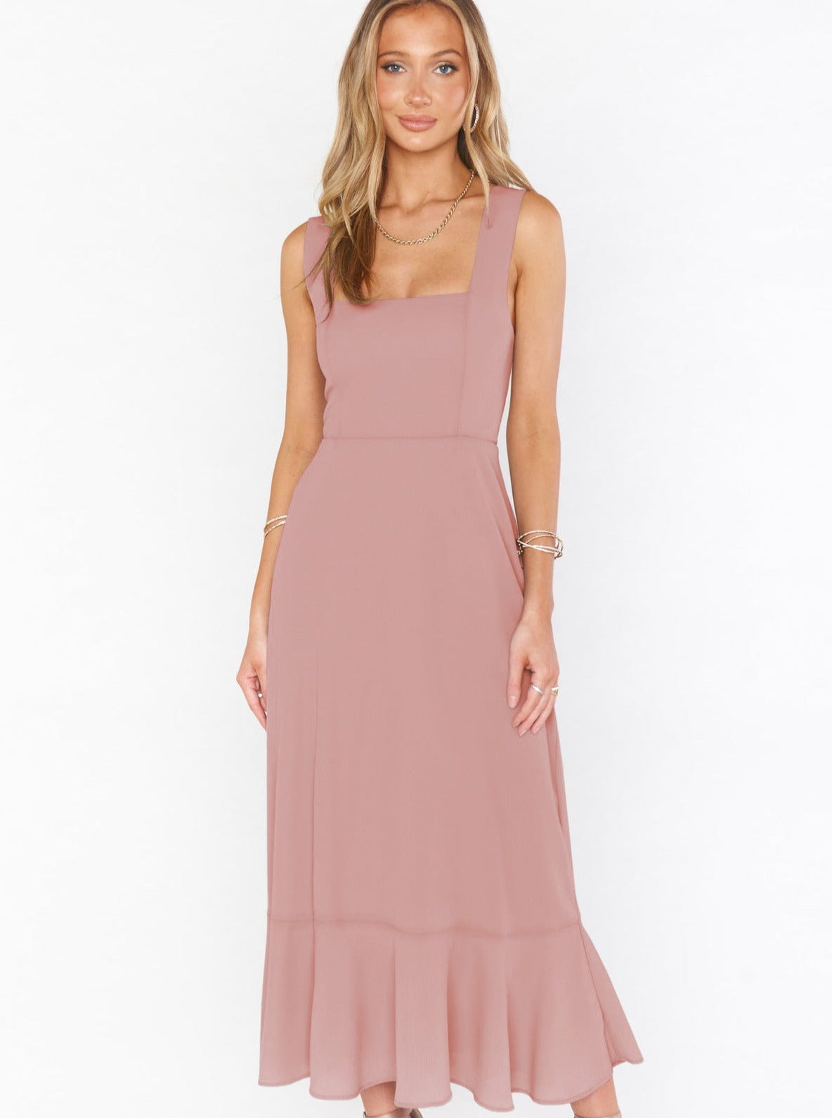 Elegant Solid Color Square Neck Midi Dress