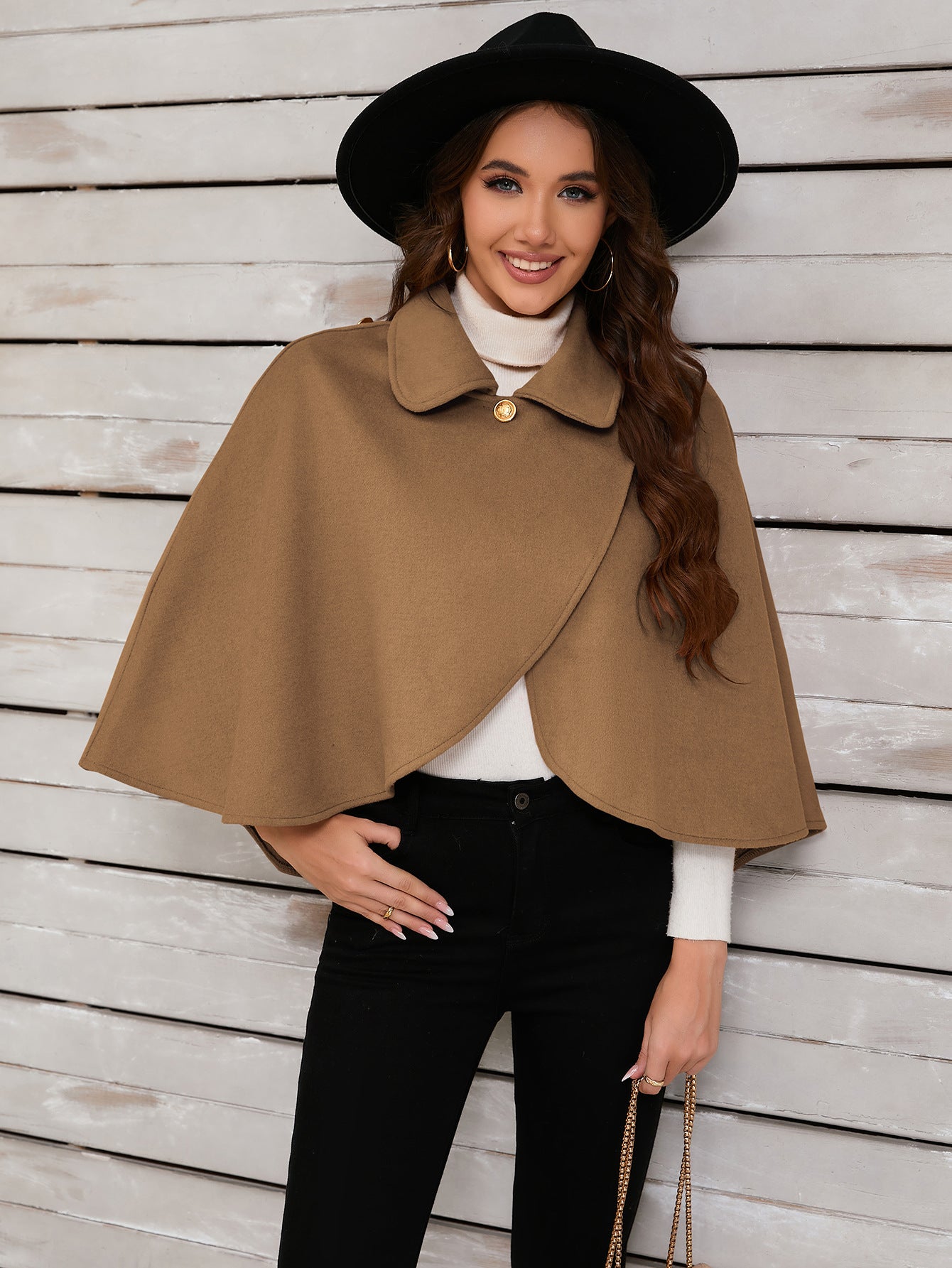 Chic Camel Cape with Elegant Gold Button for Sophisticated Occasions