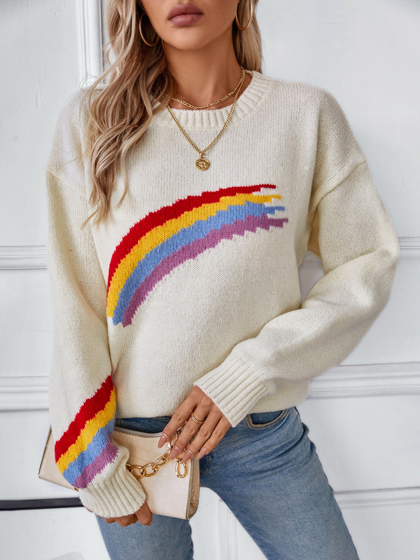 Damen Strickpullover Regenbogen Motiv Kuschelig Pullover Langarm Baumwolle