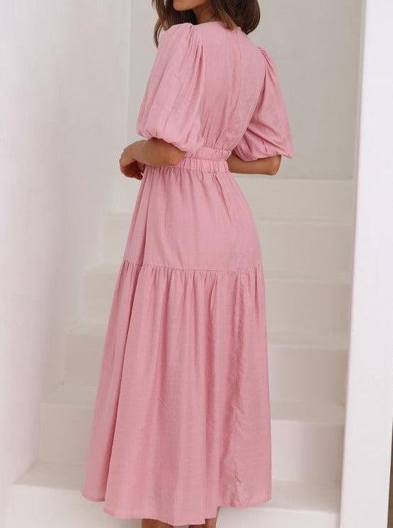 Solid Color Fluff Sleeve V-Neck Pleated Dress