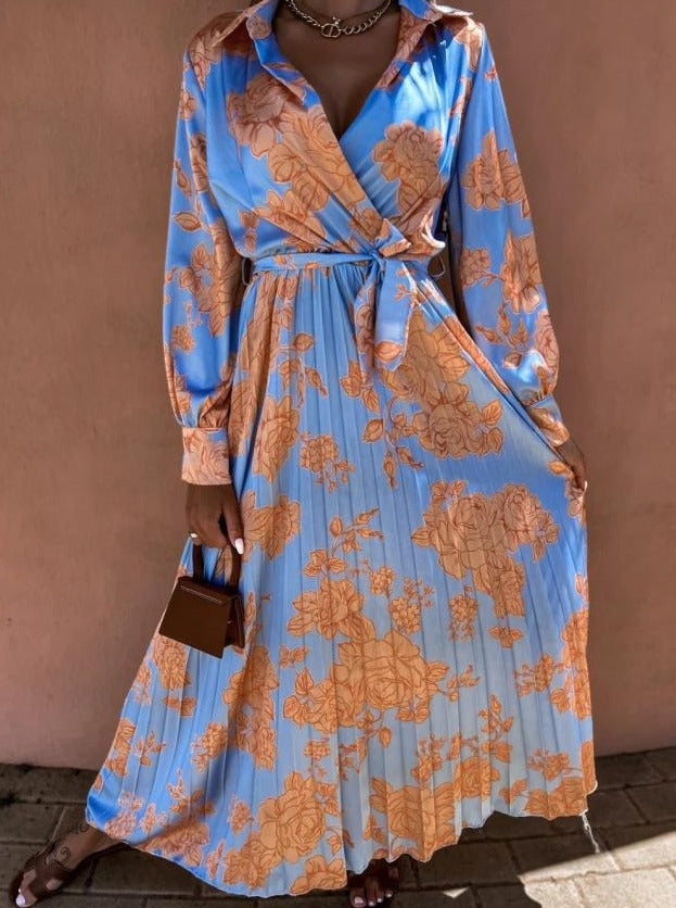 Floral Printed Tie Waist Long Sleeve Maxi Dress