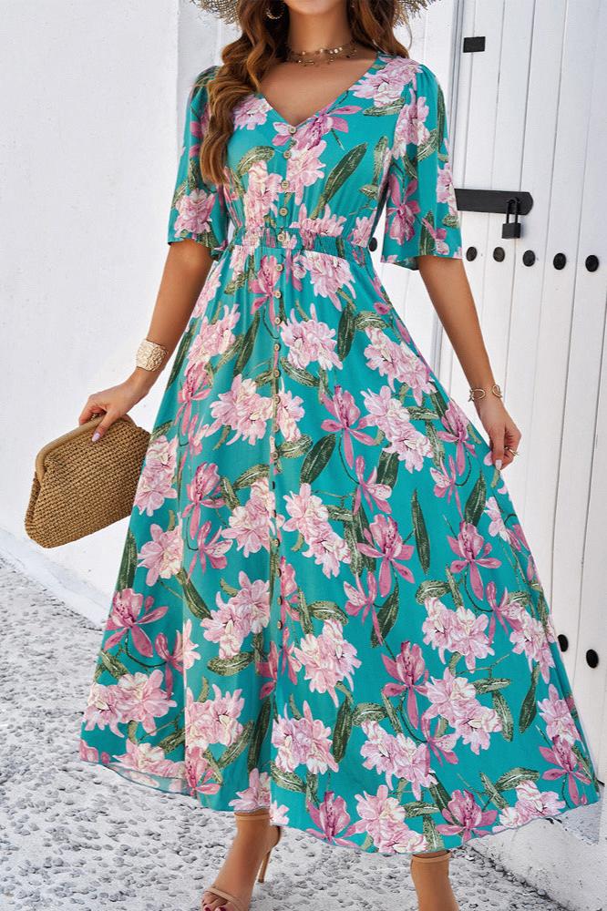 Green Chic Summer Floral V-Neck Side Slit Midi Dress