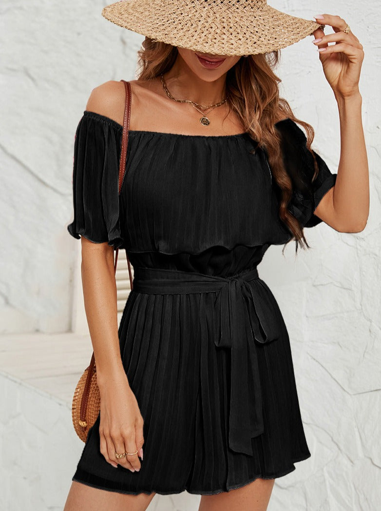 Black Off-Shoulder Pleated Collar Rompers