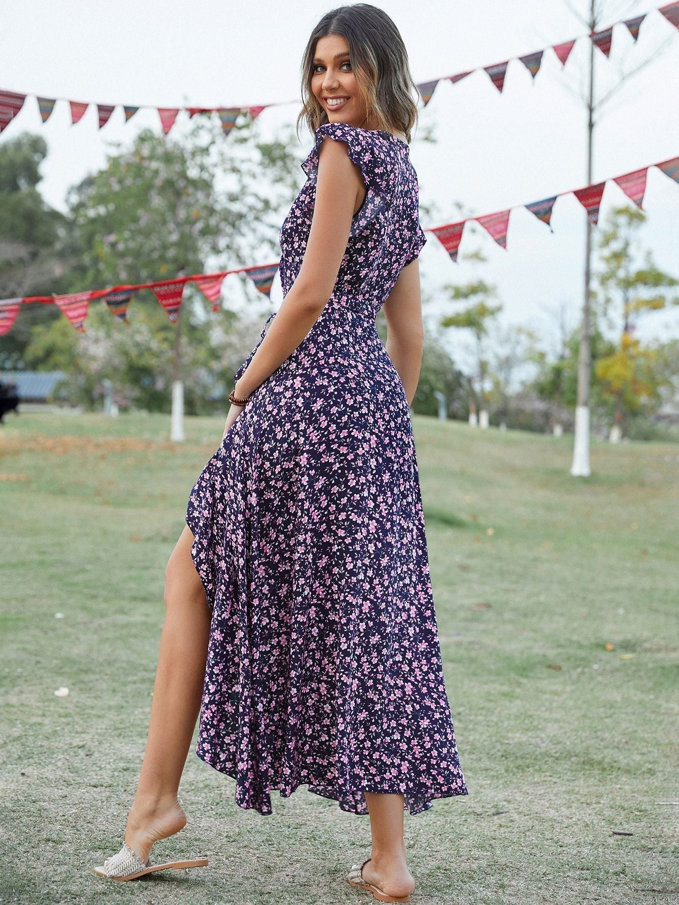 Bohemian Floral Print Vintage Cotton Slit Midi Dress