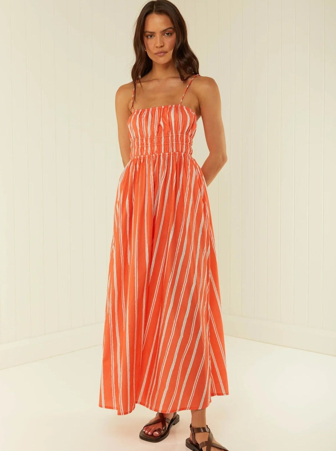 Sommer Maxikleid Spaghetti-Träger Gestreift/Bunt Leichtes Strandkleid