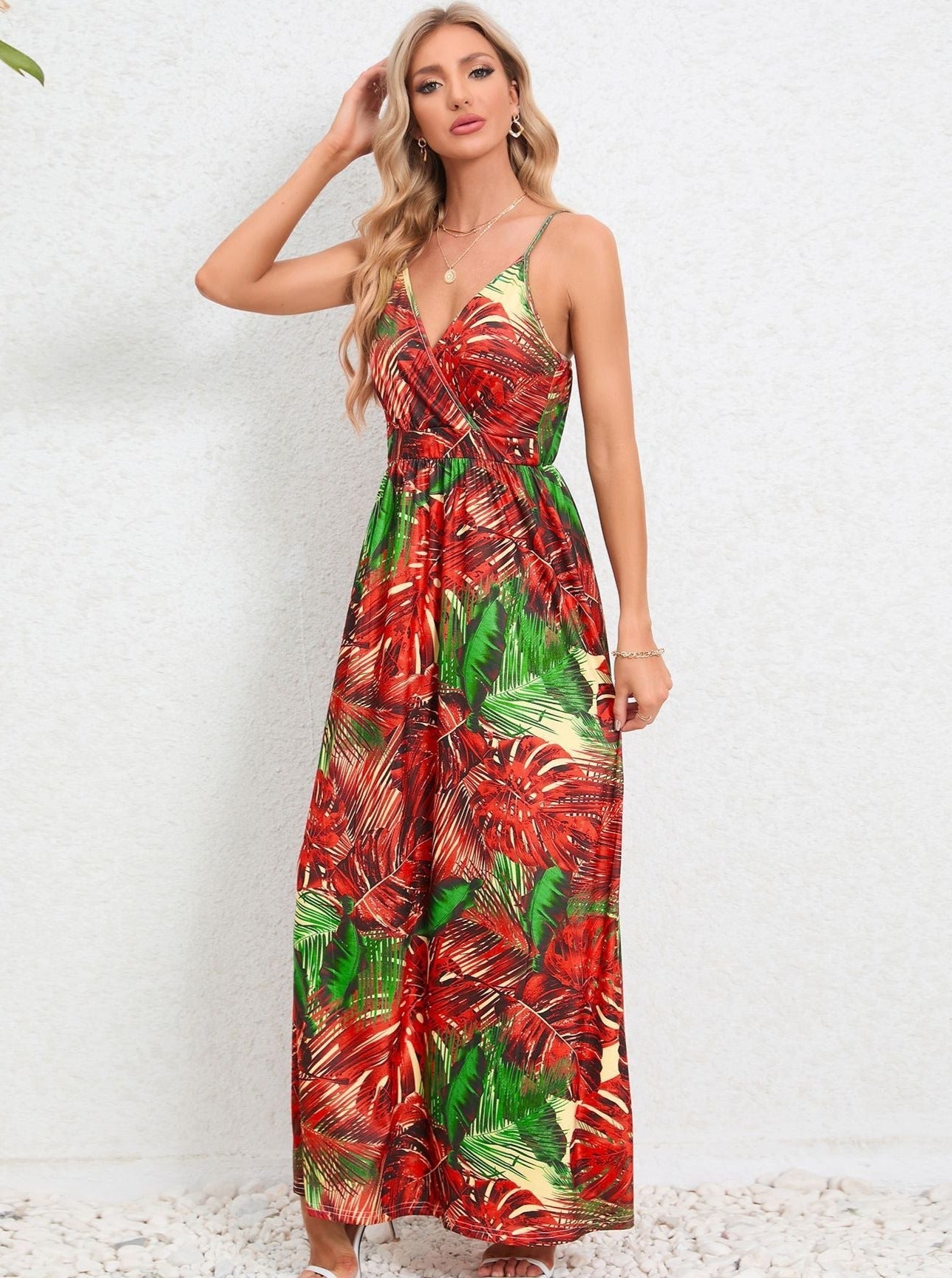 Red Green Tropical Printed Long Dress