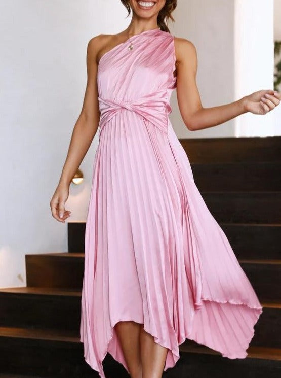 Solid Color One Shoulder Pleated Asymmetrical Dress