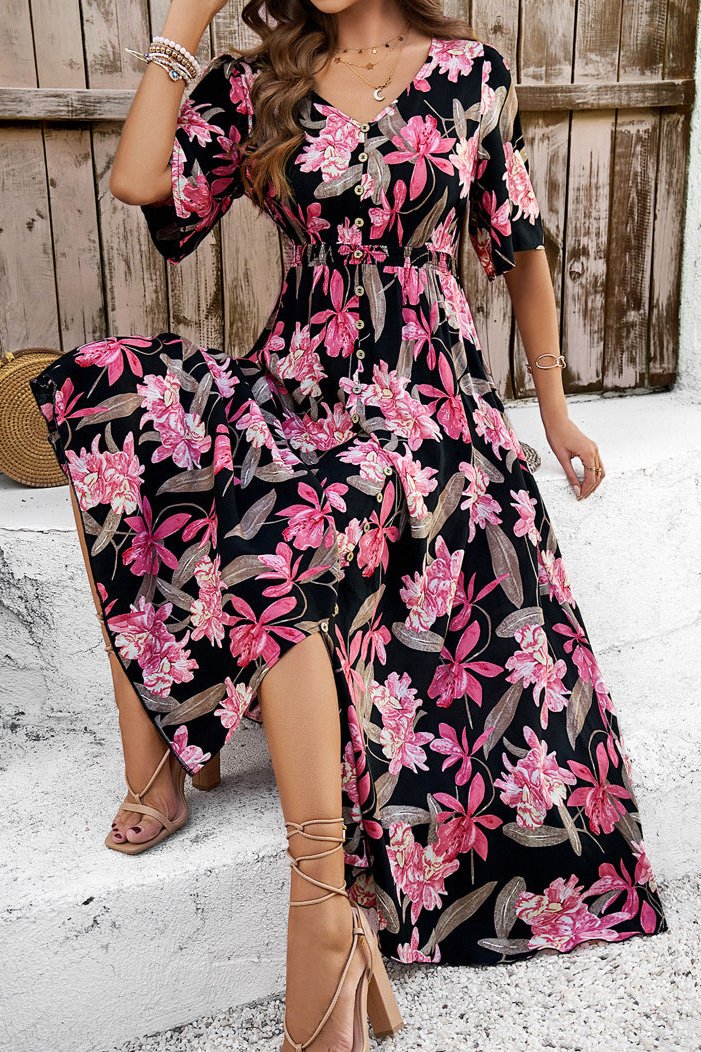 Chic Summer Floral V-Neck Side Slit Midi Dress