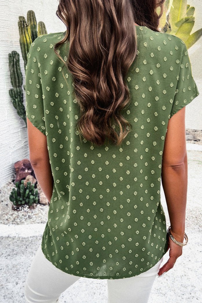 Green Chic Cap Sleeve V-Neck Embroidered Blouse