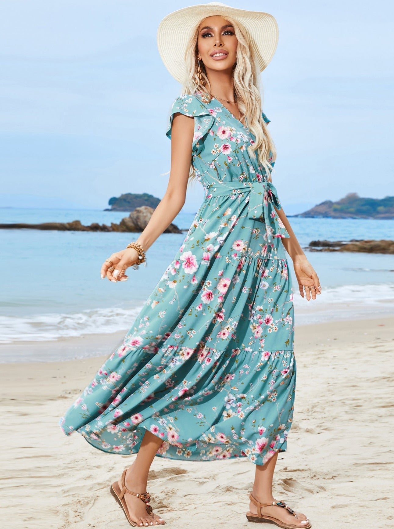 Sweet Floral Wrap Up Style V Neck Ruffles Sleeve Maxi Dress With Belt