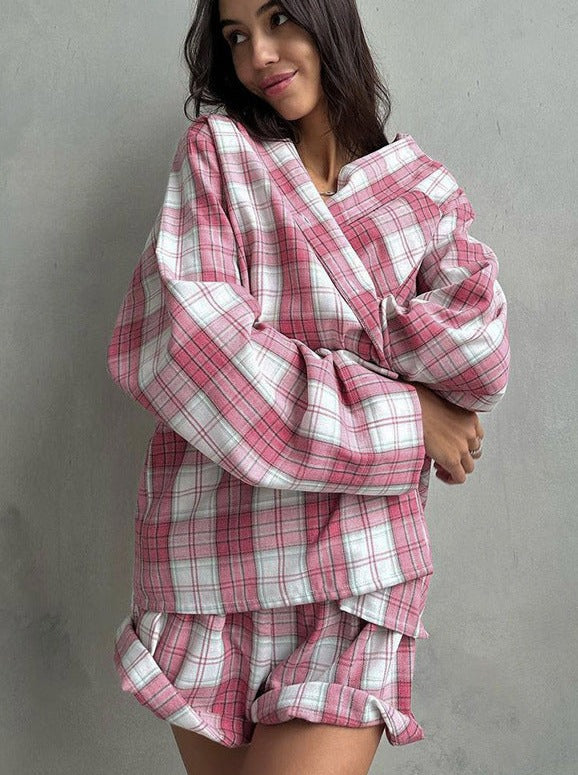 Retro Plaid Design Long Sleeve Two Piece Set