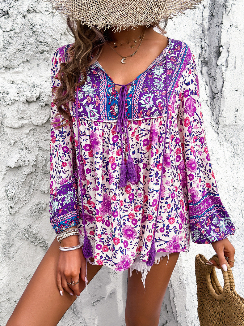 Purple Retro Floral Printed Tassel Shirt