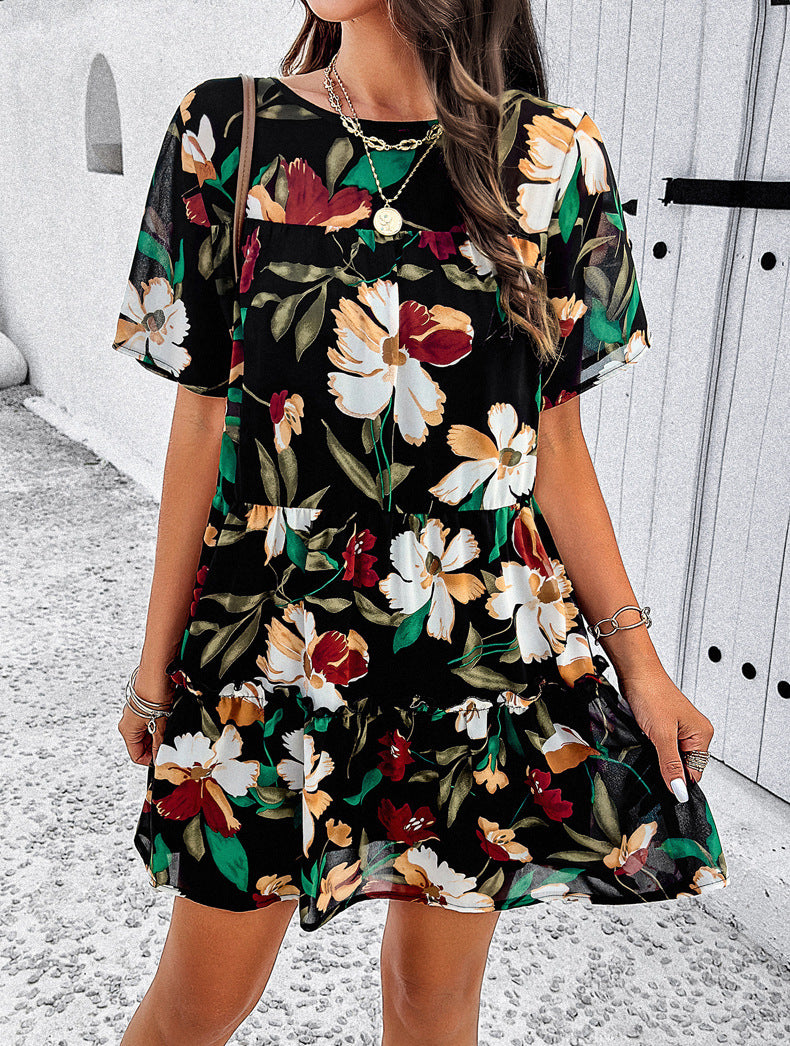 Black Leisure Vacation Printed Short-Sleeved Dress