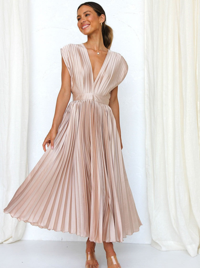 Pink Casual V-Neck Pleated Dress