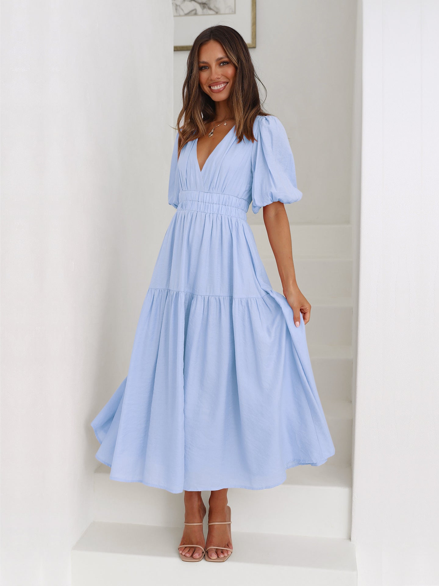 Light Blue Deep V-Neck Puff Sleeve Layered Dress