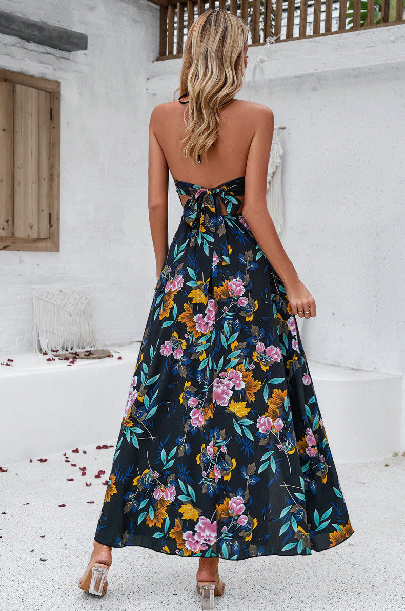 Black V-Neck Tie Back Printed Long Dress