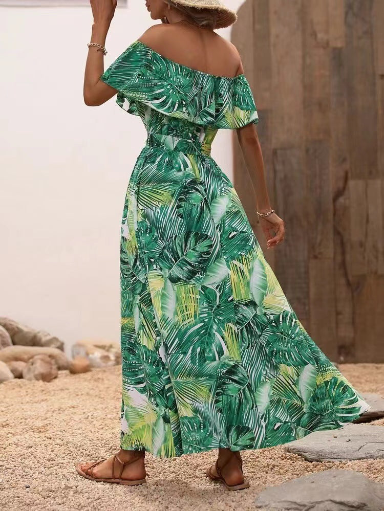 Elegant Off Shoulder Tropical Printed Slit Dress