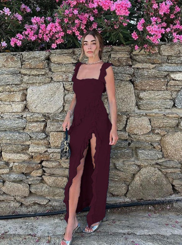 Sexy Wine Asymmetrical Slit Dress