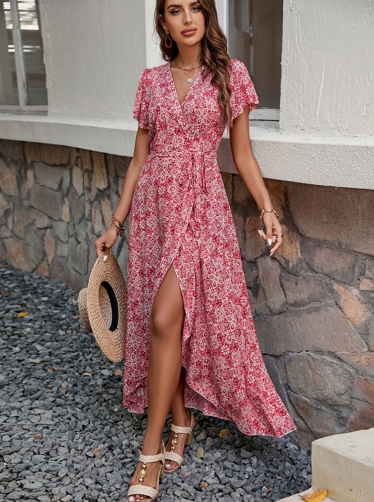 Floral V-Neck Slit Tie Waist Maxi Dress