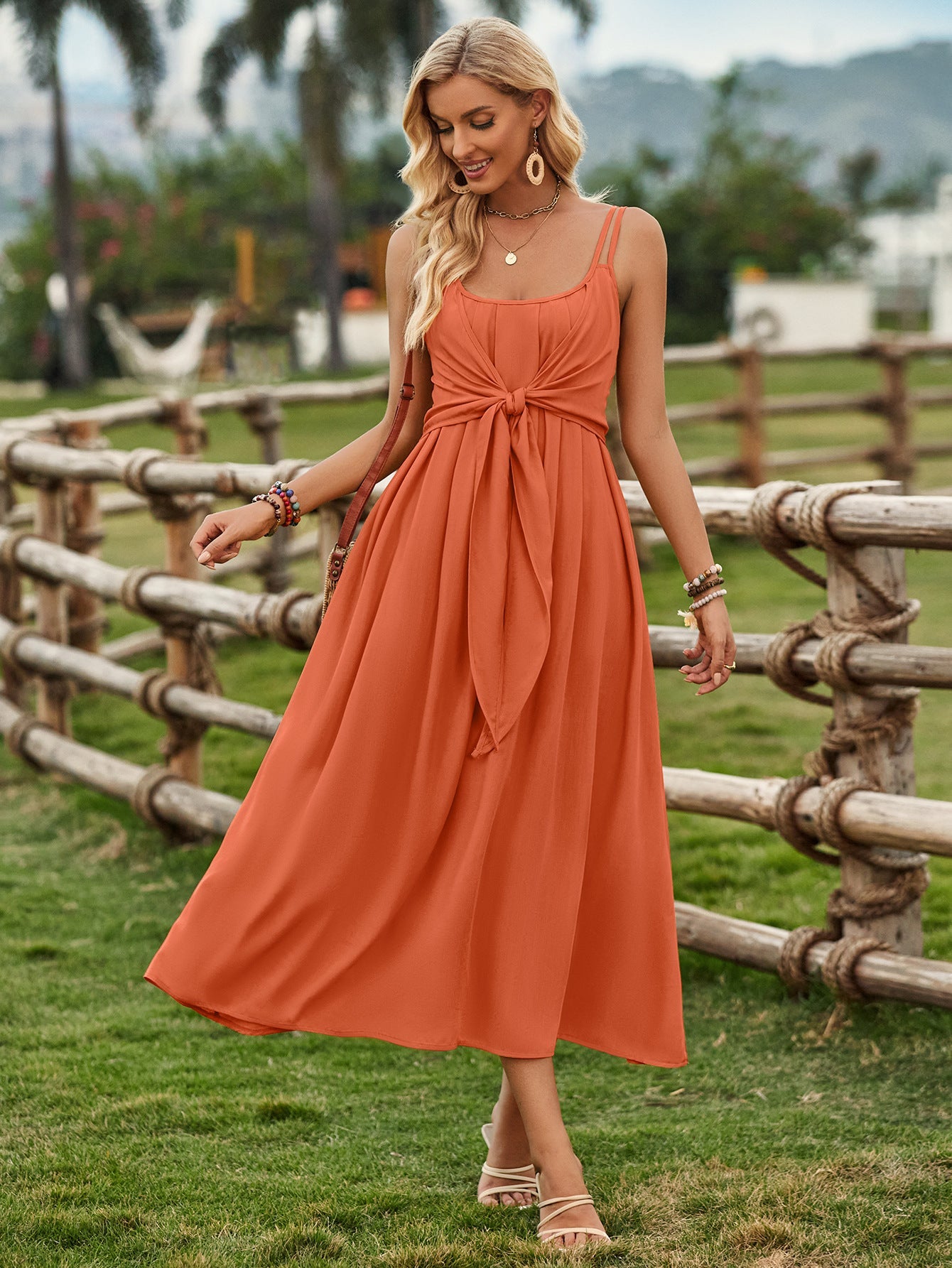 Solid Color Sleeveless Tie Waist Dress