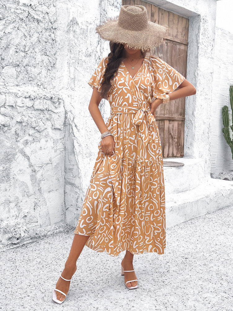 Khaki Deep V-Neck Bohemian Flare Short Sleeve Dress