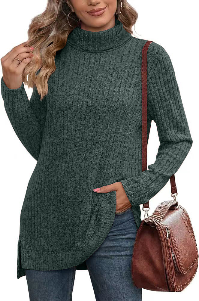 Solid Green Turtleneck Long Sleeve Pullover Sweater