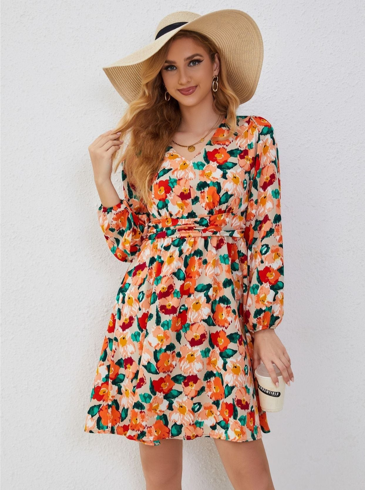 V-Neck Multicolor Floral Print Long Sleeve Mini Dress