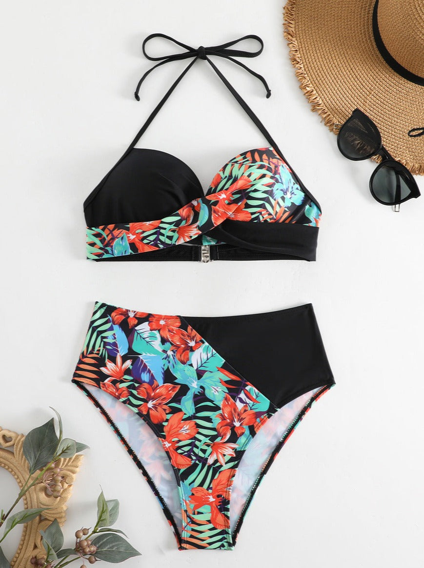 Tropical Printed Cross Tie Top Bikini