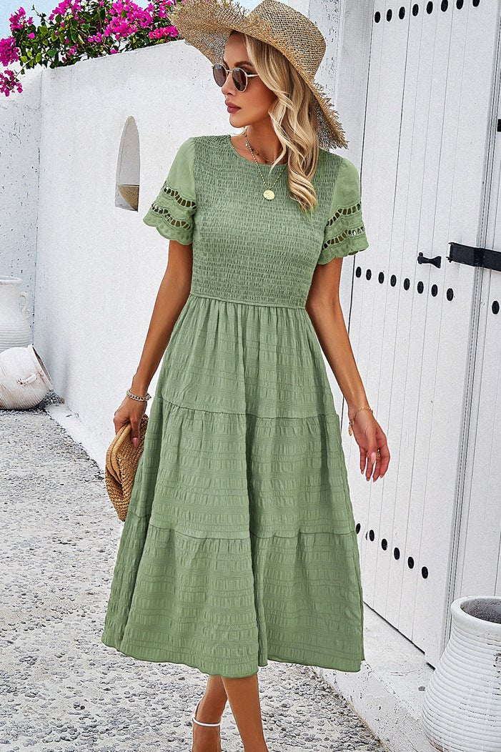 Casual Solid Crochet Lace Sleeve A-Line Midi Dress