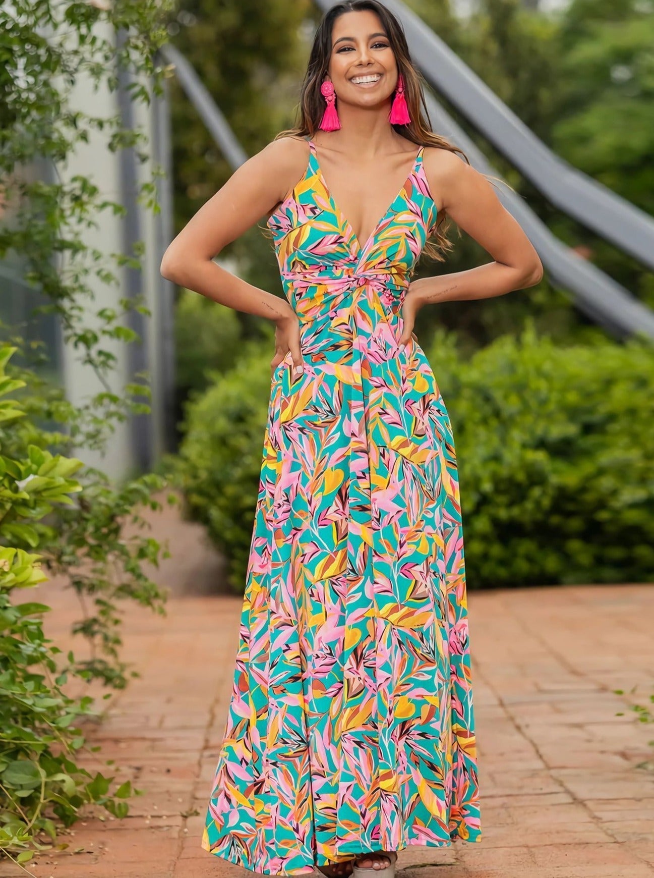 Elegant V-Neck Printed Twisted Chic Long A-Line Dress