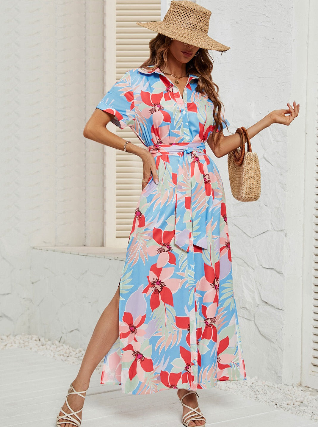 Casual V-Neck Short Sleeve Midi Dress