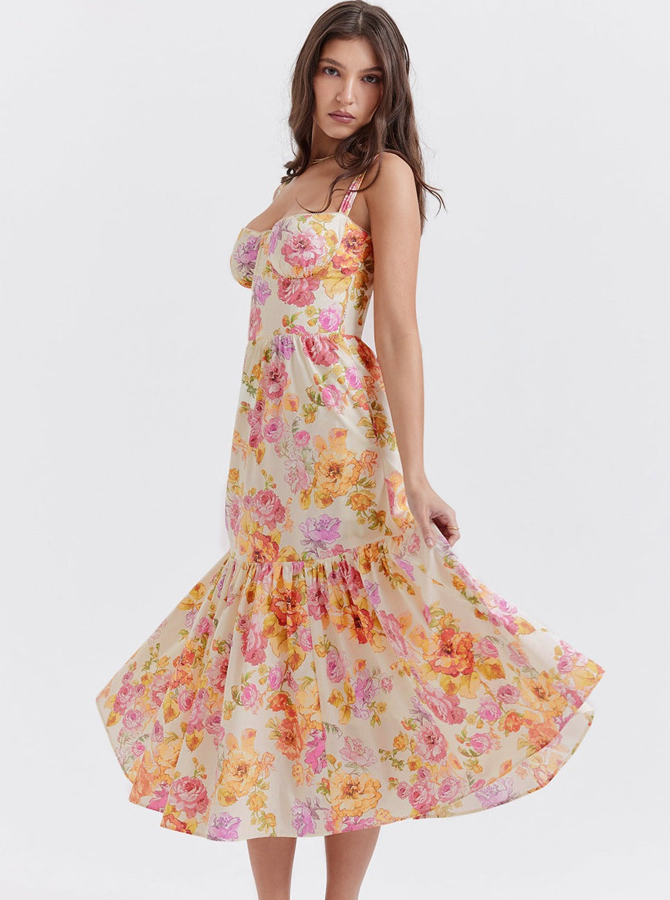 Floral Printed Pleated Bustier Dress