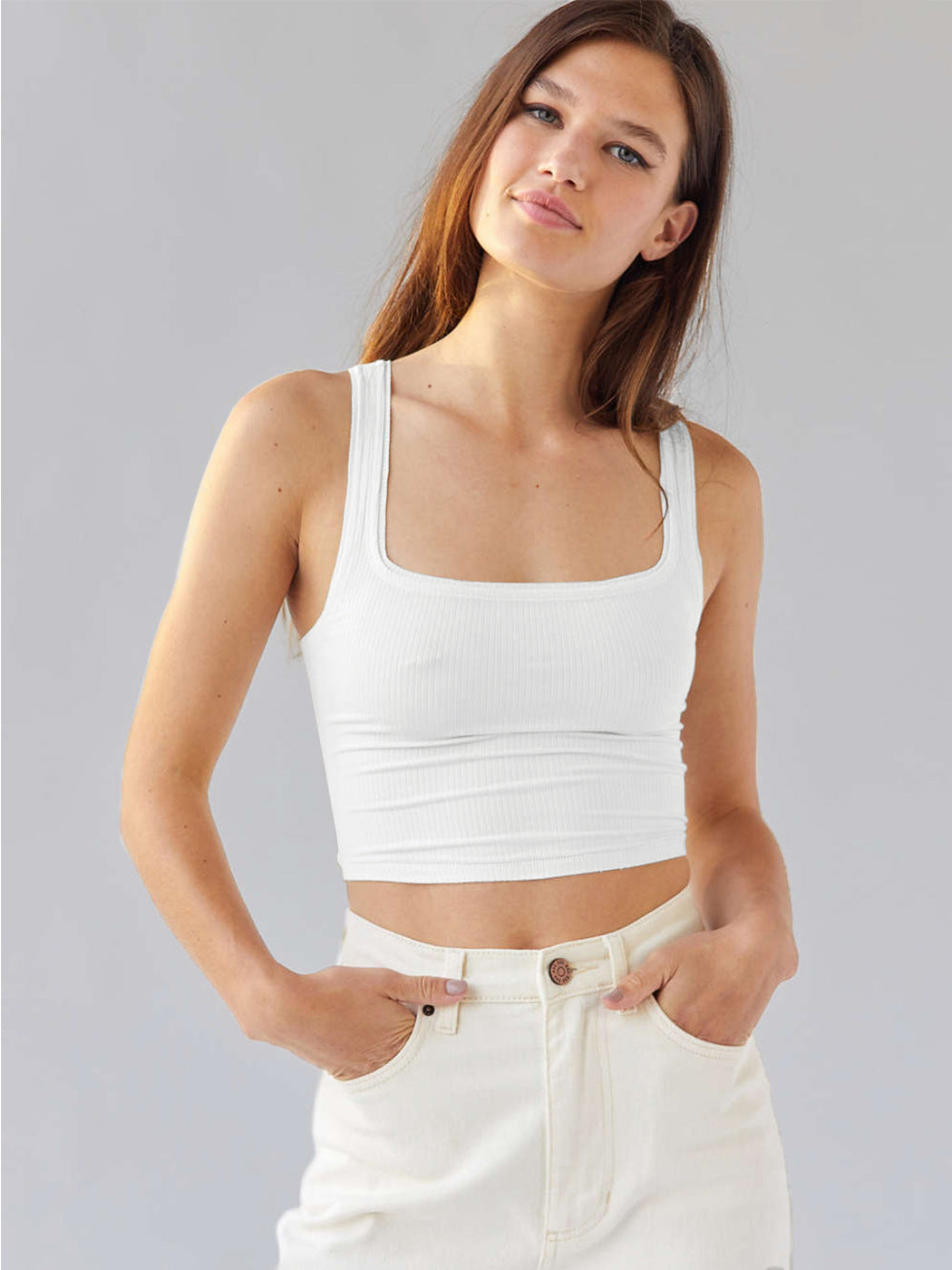 White Square Neck Sleeveless Tank Top