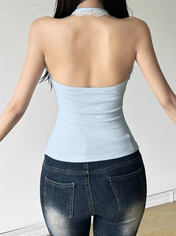 Laced Halter Neck Backless Shirt