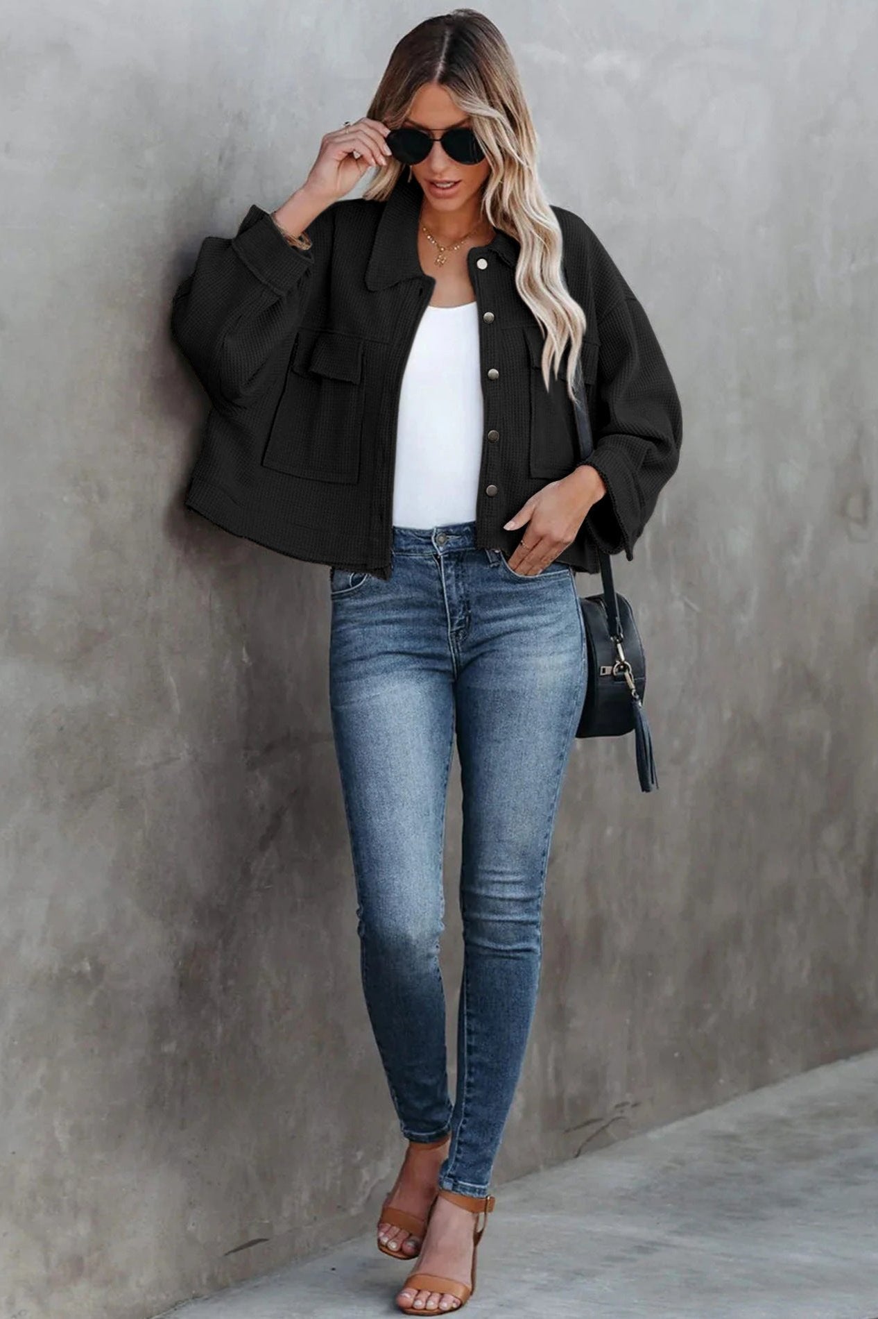 Black Long Sleeve Solid Color Collared Jacket