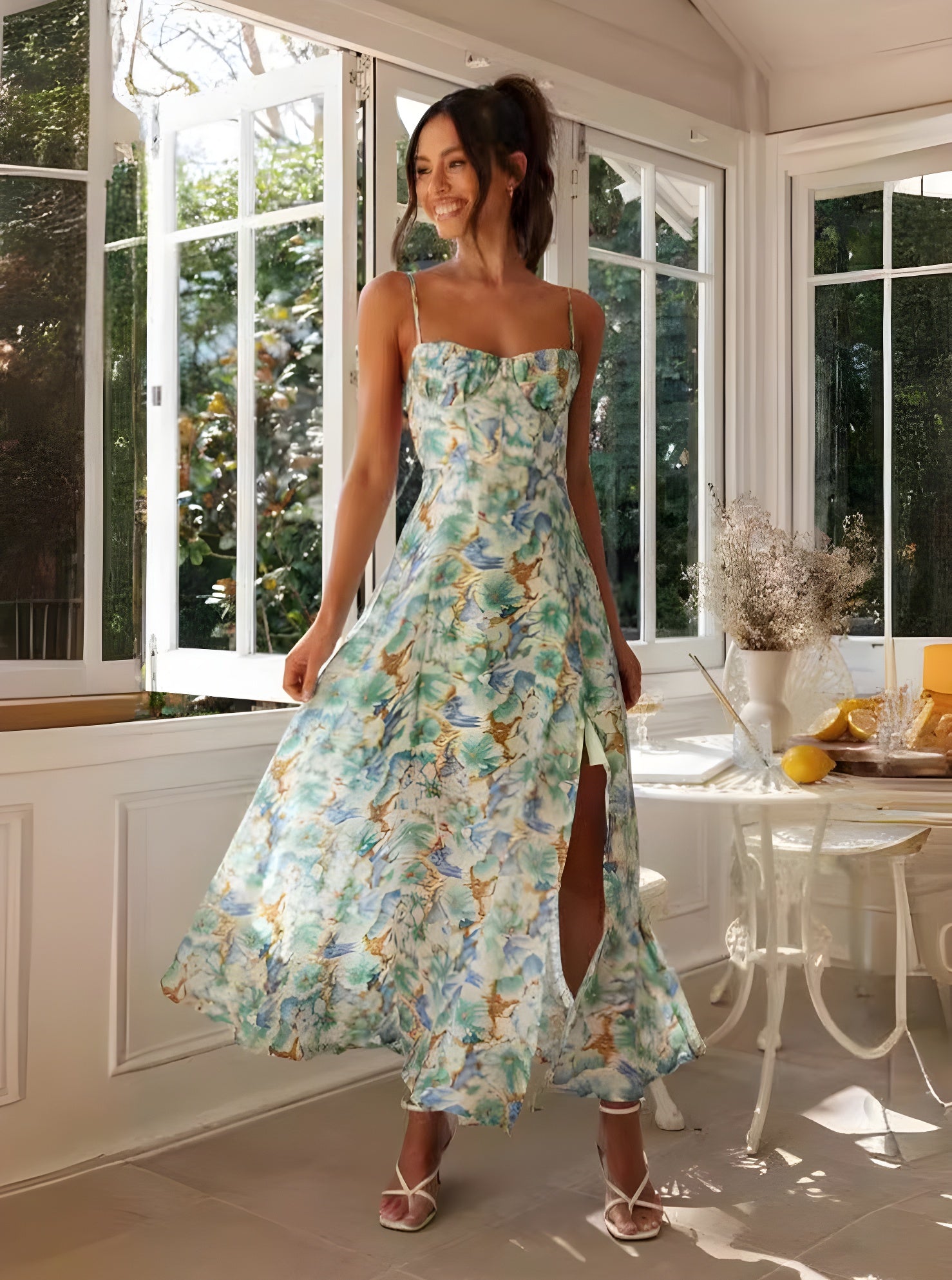 Floral Printed Spaghetti Strap Long Dress