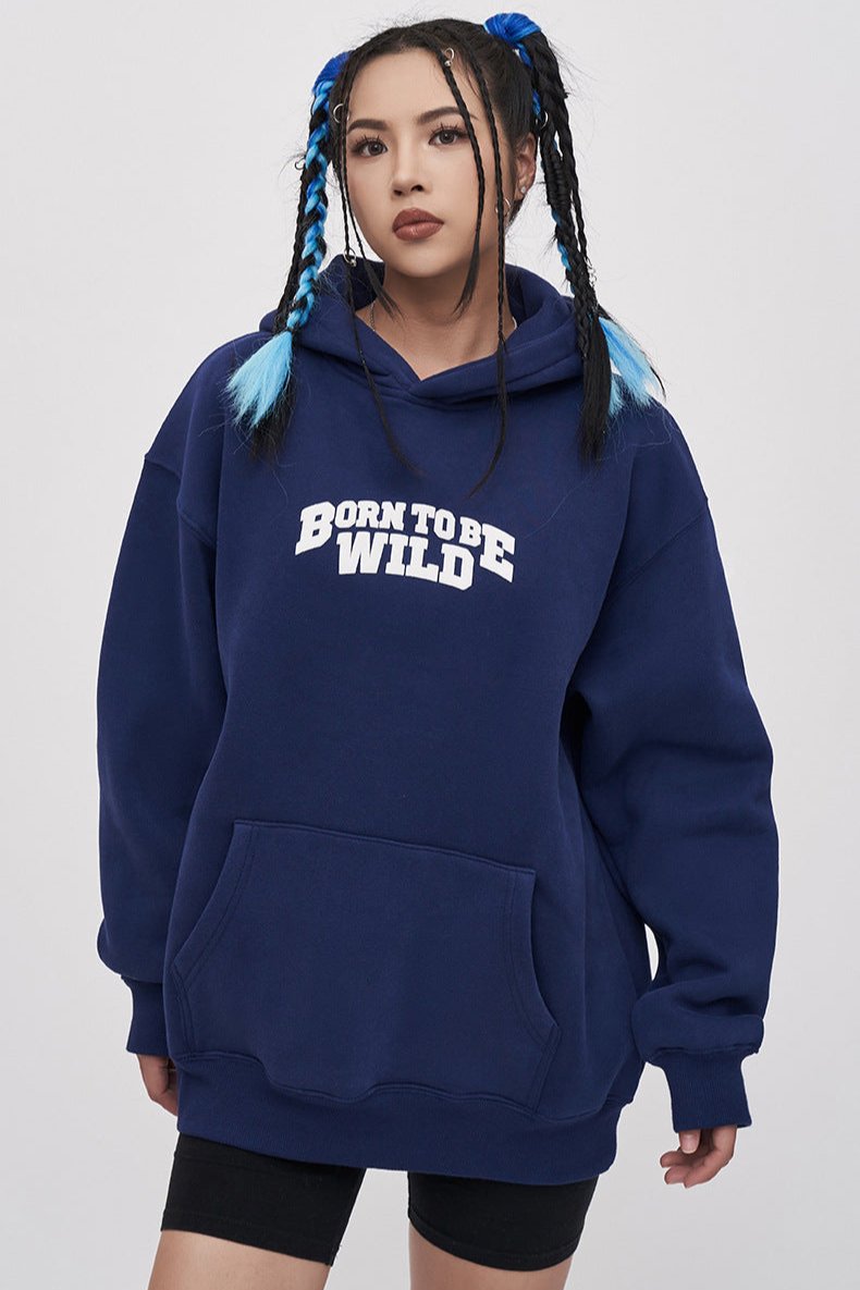 Blue Letter Printed Loose Hooded Sweatshirt