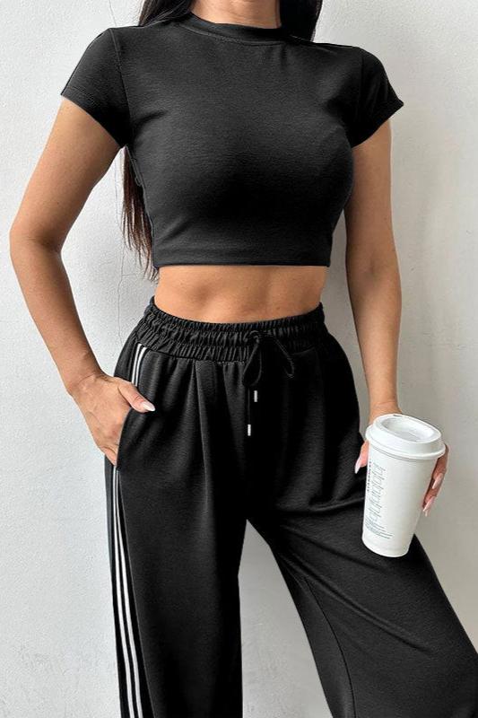 Sporty Short Sleeve Crop Top and Pants Set