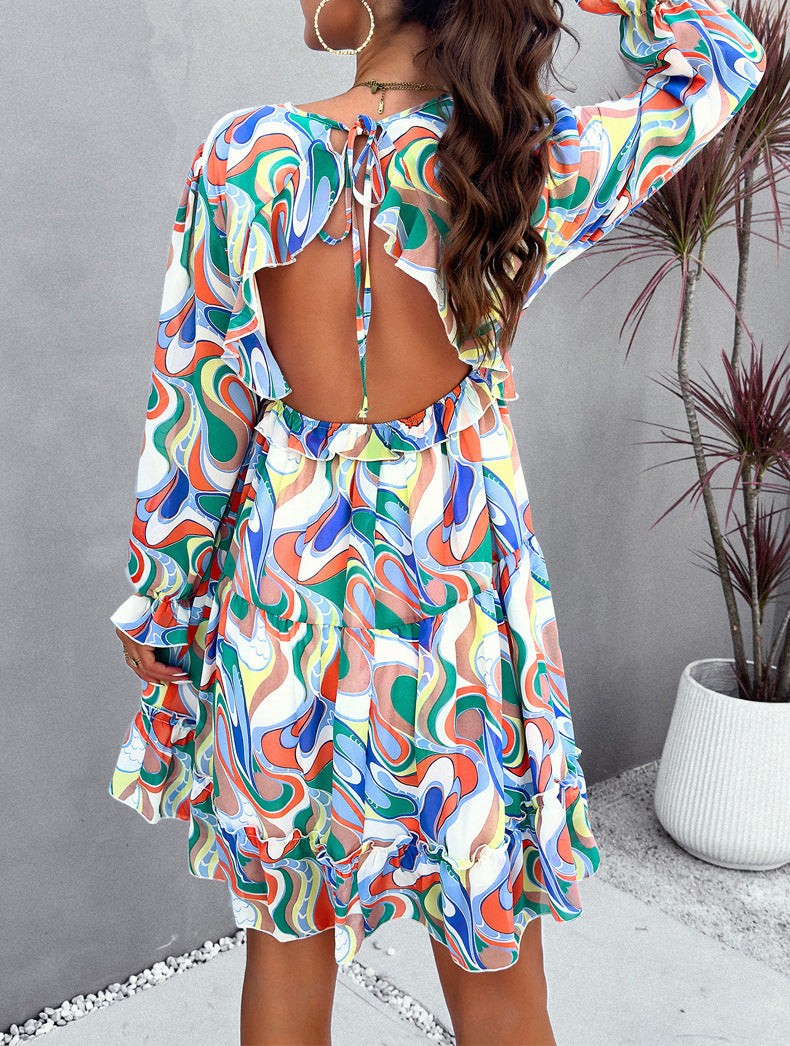 Green Temperament Floral Printed V-Neck Long-Sleeved Dress