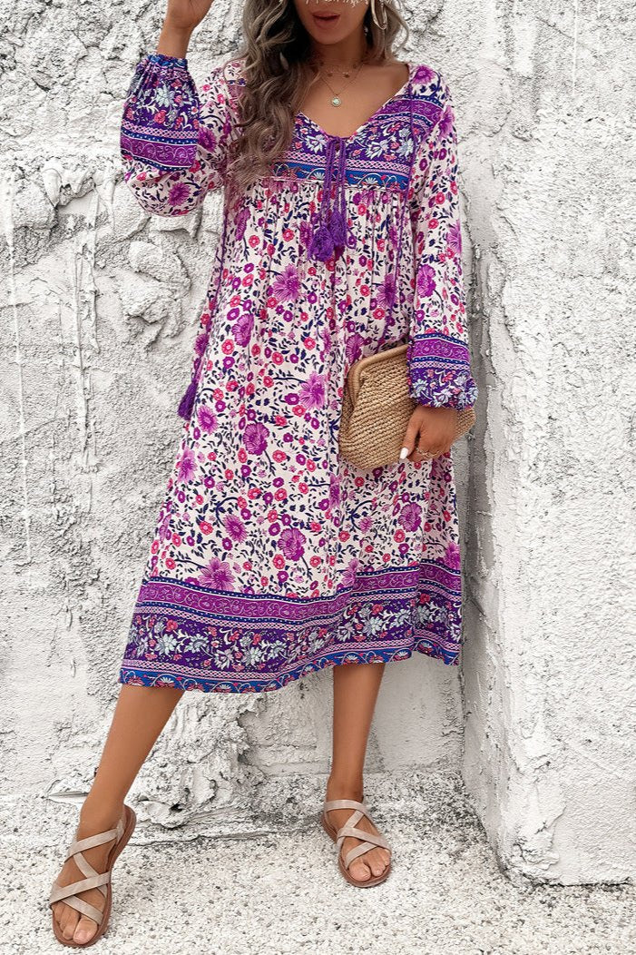 Boho Midikleid Langarm Ethno-Muster Blumenkleid - Lässiges Sommerkleid