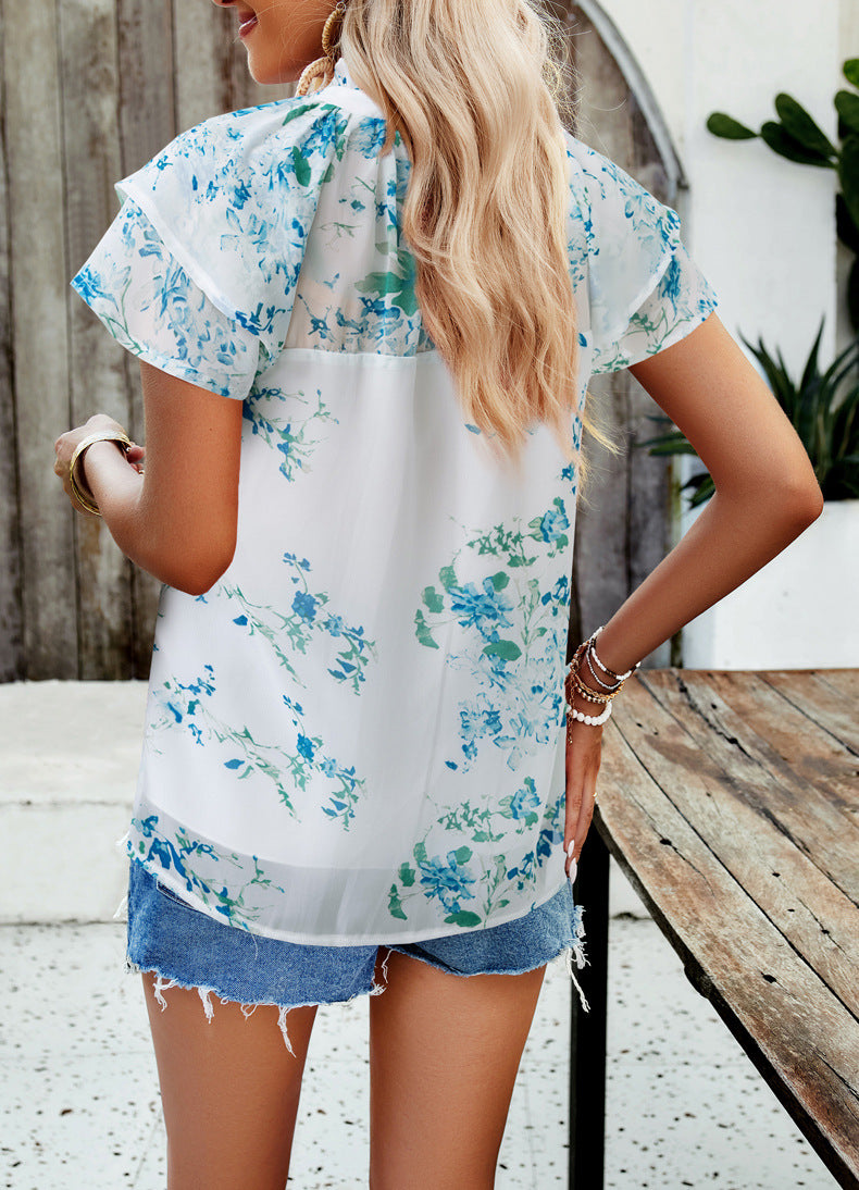 Sky Blue Casual Abstract Printed Blouse