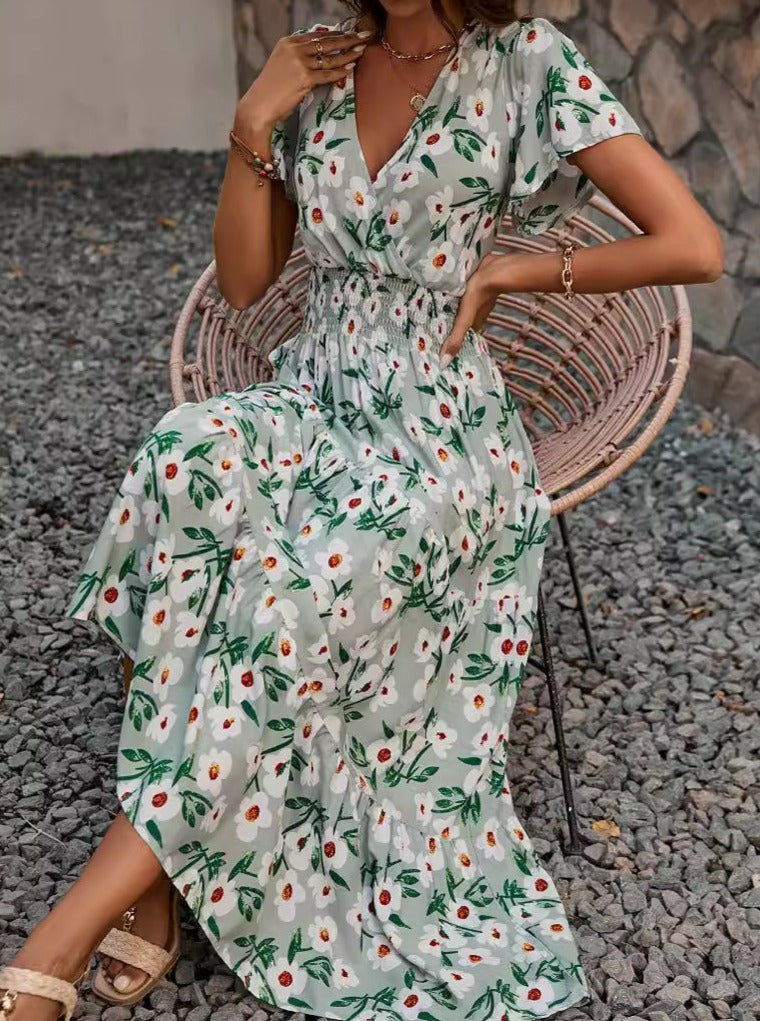 Retro Floral Printed V-Neck Flared Dress