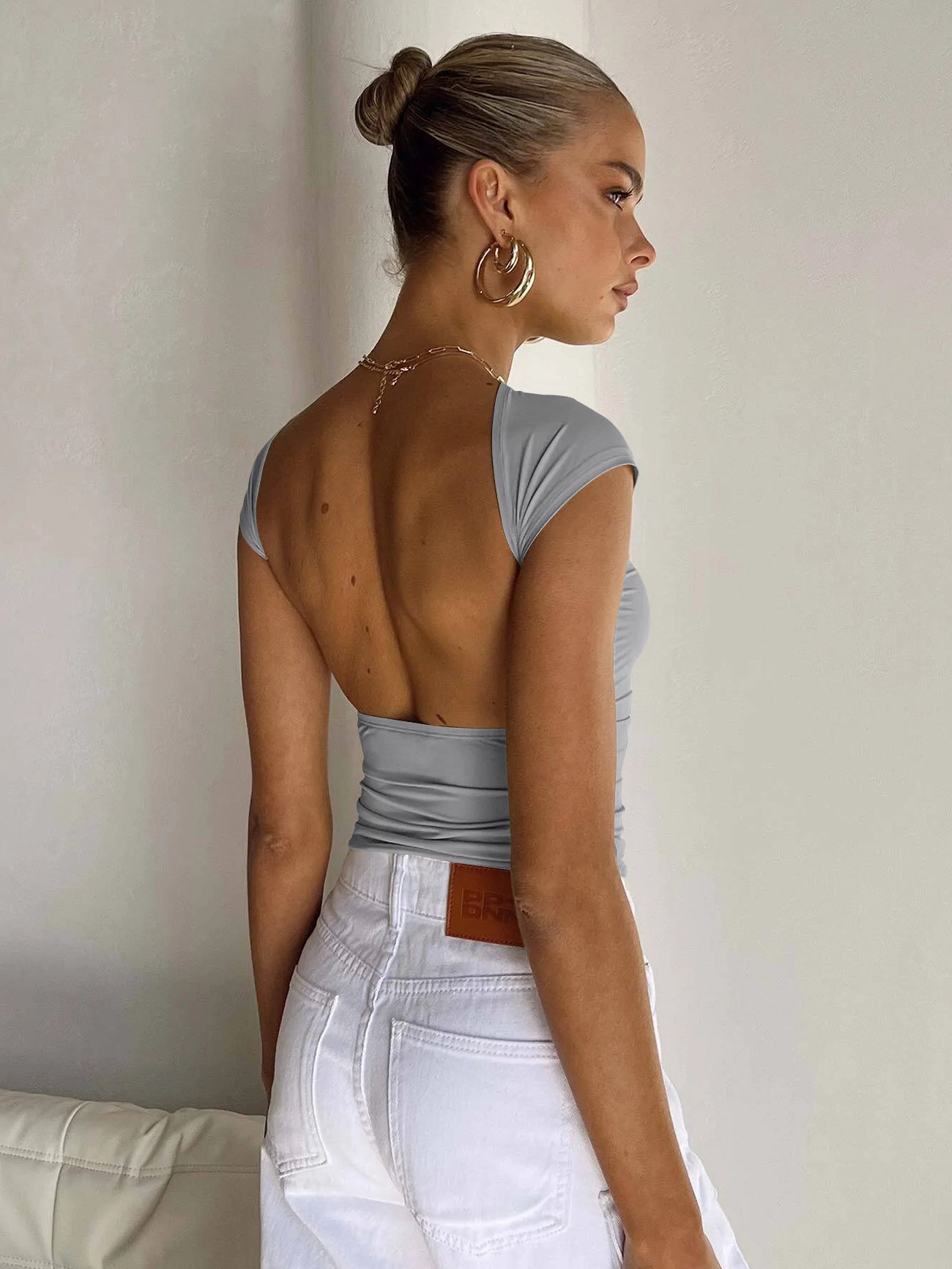 Light Gray Sexy Backless Slim Breathable Short Sleeve Shirt