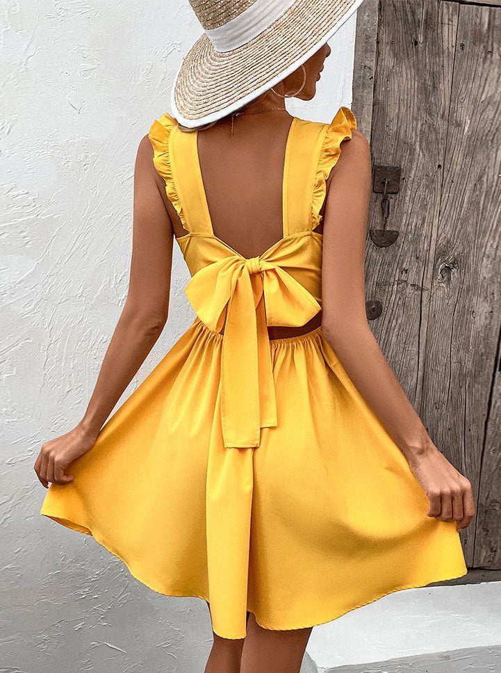 Deep V-Neck Tie Back Ruffled Summer Dress