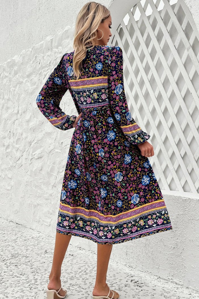 Boho Midikleid Langarm Ethno-Muster Blumenkleid - Lässiges Sommerkleid