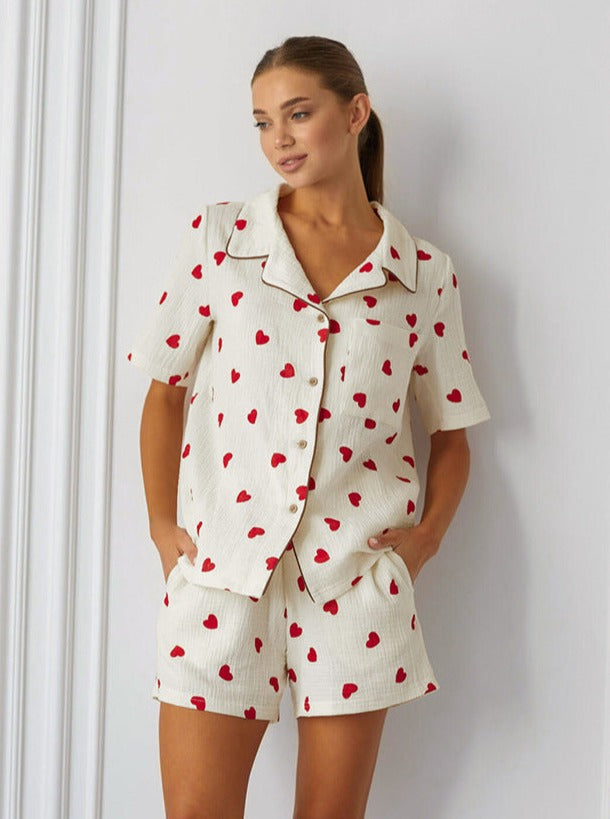 Two Piece Heart Printed Collared Sleepwear