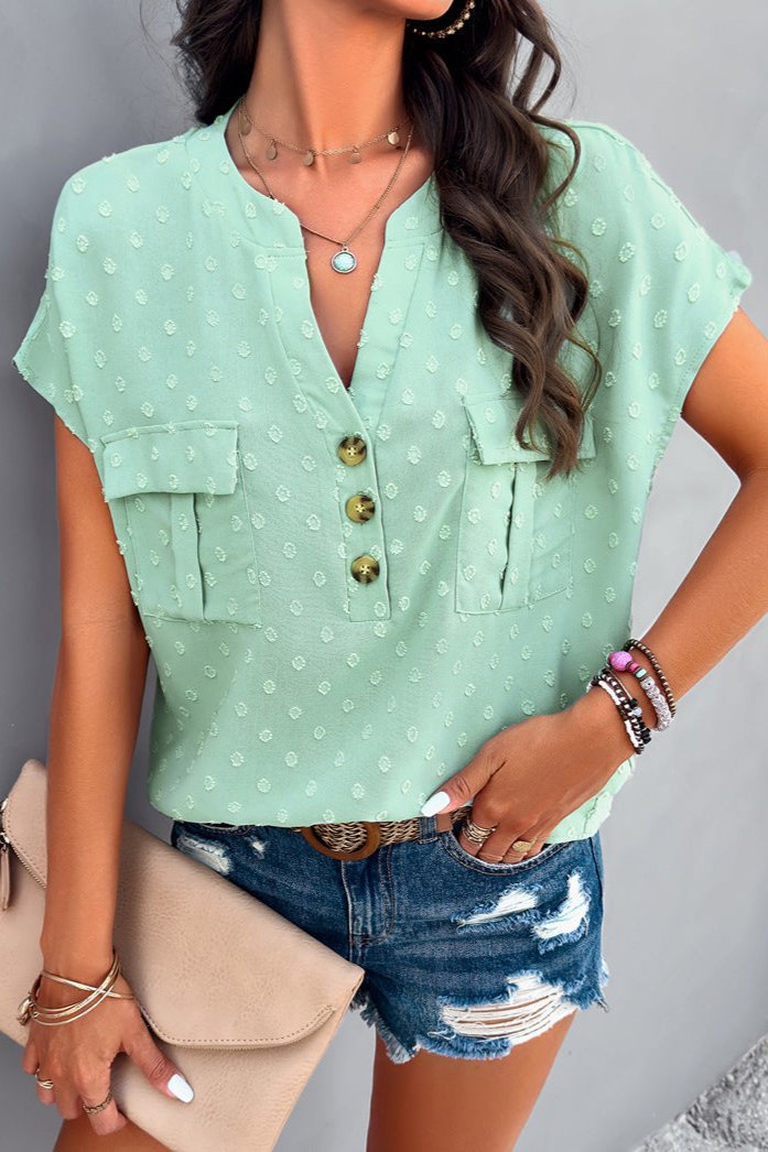 Aquamarine Chic Cap Sleeve V-Neck Embroidered Blouse