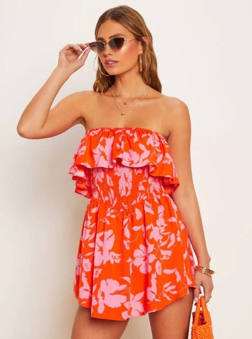 Red Strapless Tropical Printed Tube Top Dress