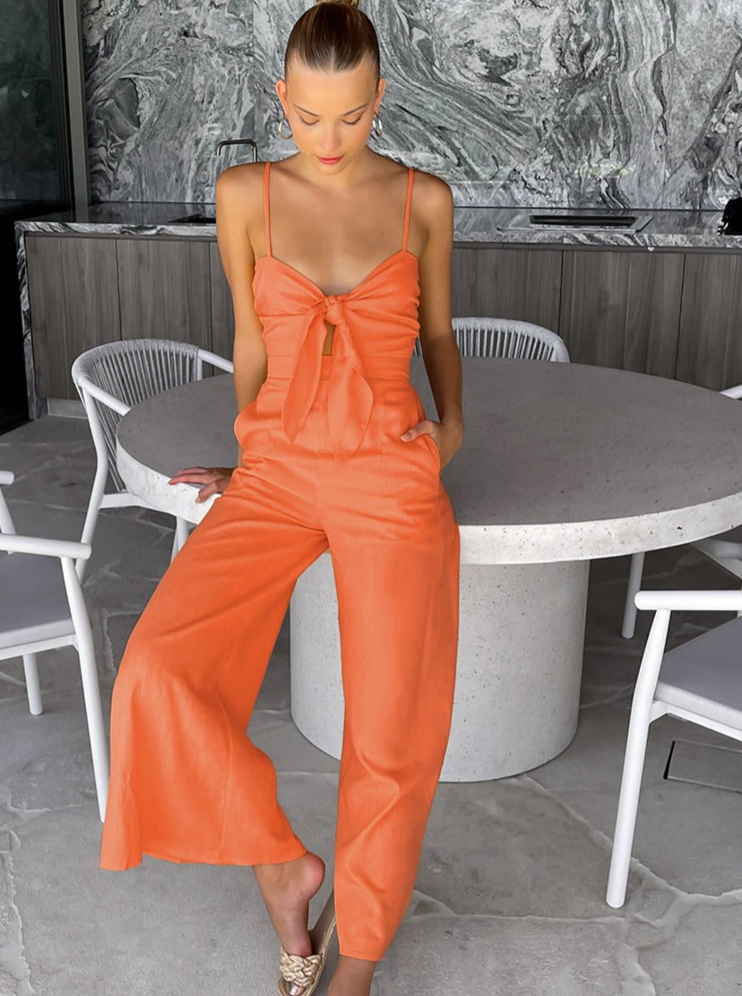 Sold Color Ribboned Jumpsuit