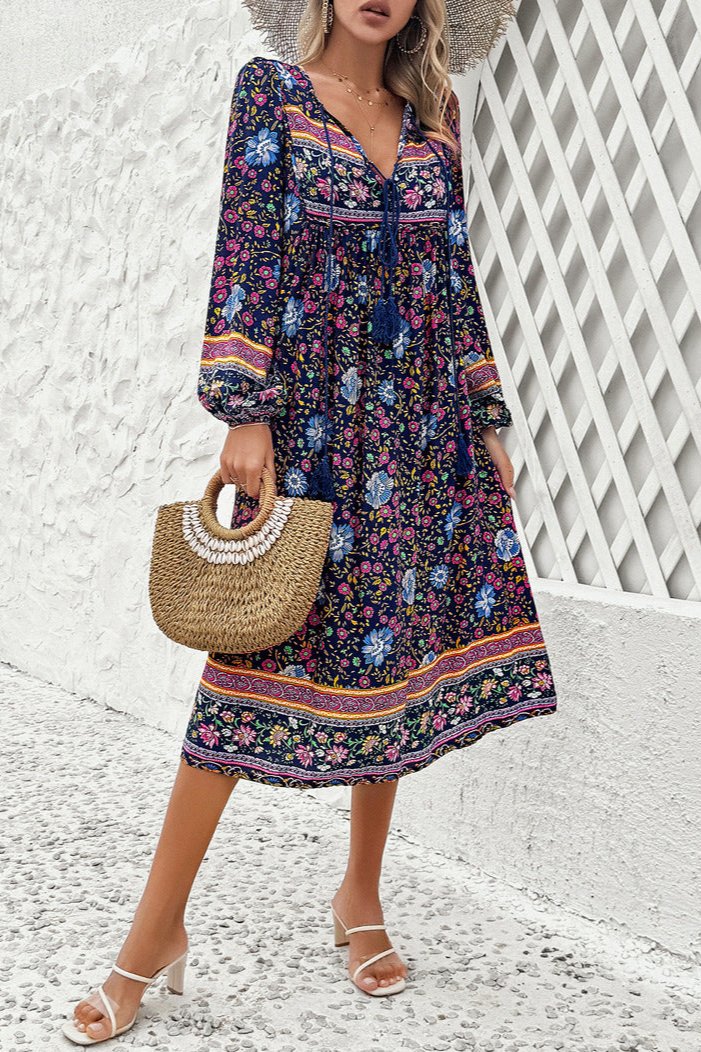 Stylish Deep Blue Floral Long Lantern Sleeve Midi Dress